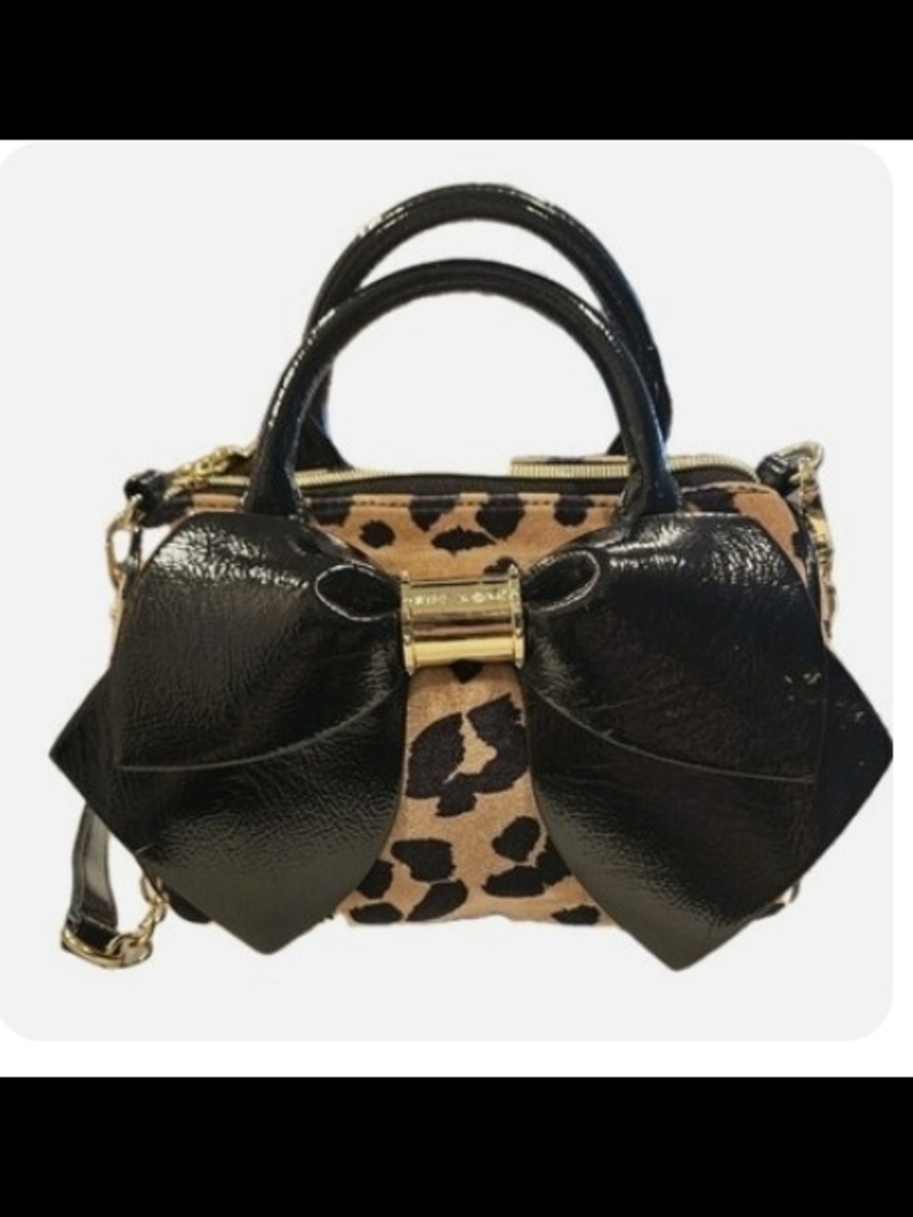 Betsey Johnson Black & Leopard Bow Accent Satchel Handbag